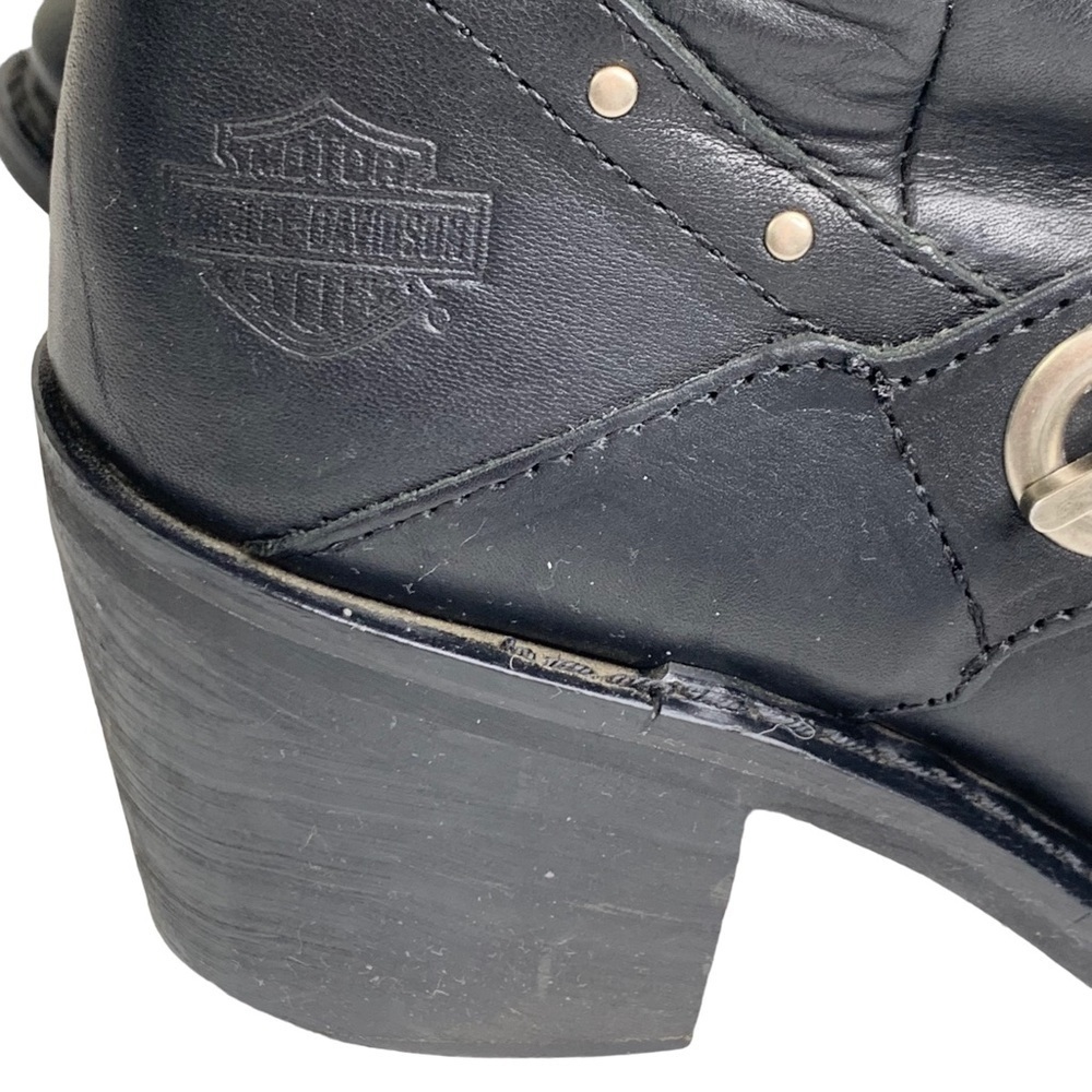 Harley Davidson Black Leather 3” Block Heel Moto Boots Rhinestone Band & Rivets - Picture 3 of 10